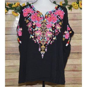 Floral Embroidered Black Blouse with Pink Accents